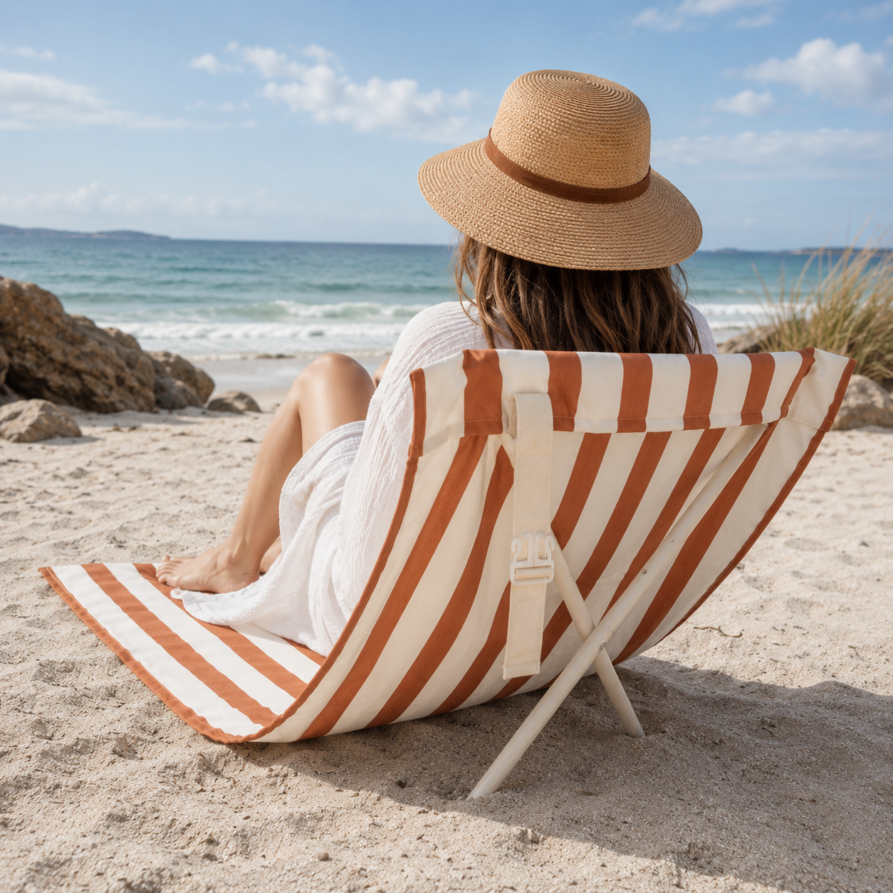 The Hammo beach chair in Kira rust and white stripes